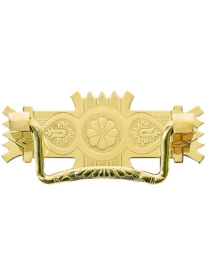 Eastlake-Style Brass Bail Pull ‚Äì 2 ¬Ω‚Äù Center-to-Center in Unlacquered Brass.